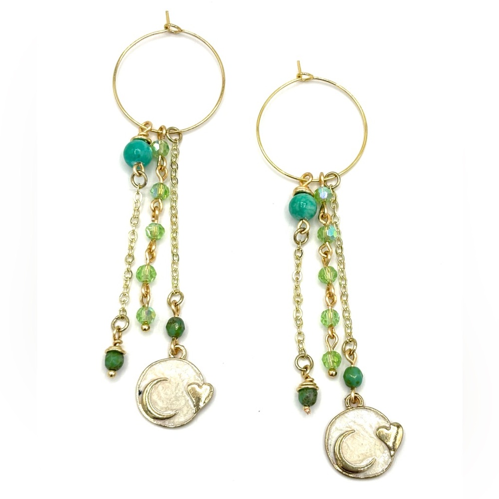 Hand Crafted Gold Hoop Earrings with Green and Gold Accents - Picture 1 of 7